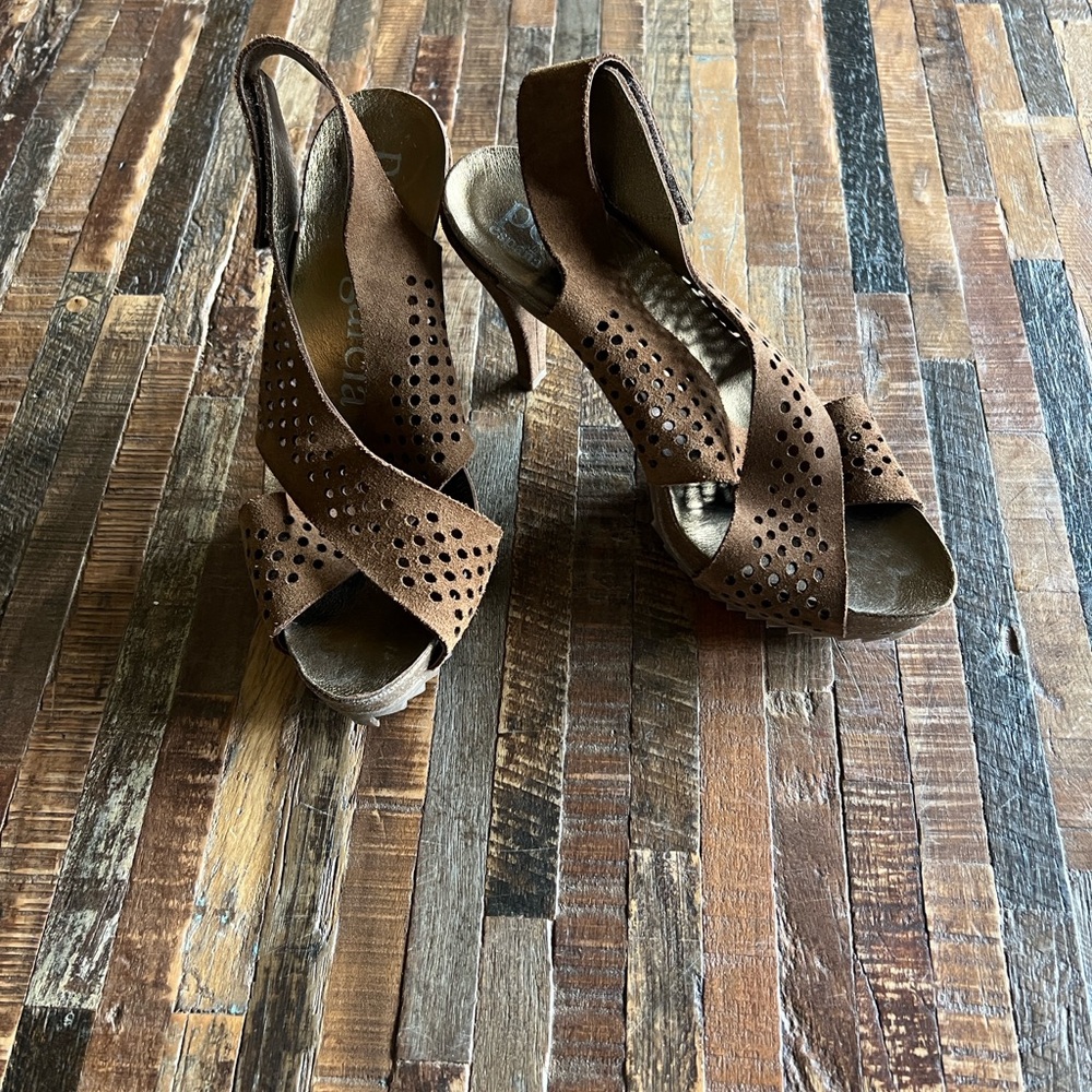 Pedro Garcia Brown Suede Peep-Toe Heels